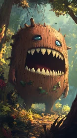 Wooden forest monster with carved maw and glossy eyes roaring