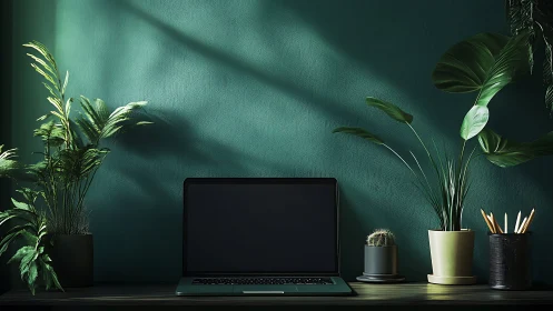 Minimal laptop workspace framed by lush indoor plants.