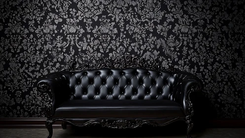 Photorealistic baroque leather sofa against damask wall.