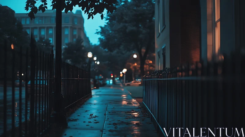 Nocturnal urban sidewalk corridor under wet reflective pavement.
