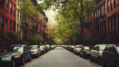 Tree lined city street with parked cars and brownstones.