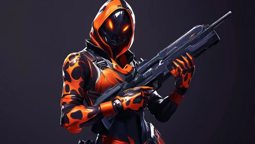 Armored neon-hooded sniper holds rifle under dramatic rim light