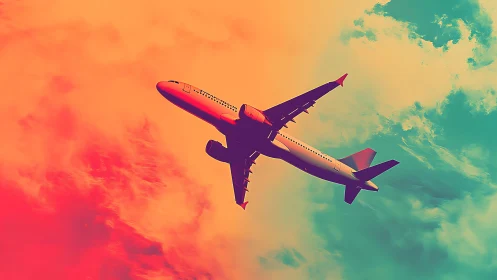 Chromatic jetliner silhouette in gradient-split atmosphere.