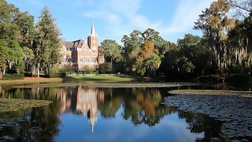 Brick academic building and trees reflected in campus lake.