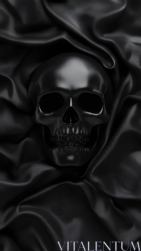 Black polished skull centered within draped dark fabric.