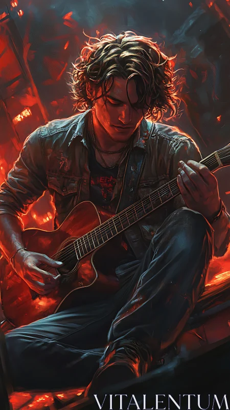 Guitarist in ember-lit ruins with dramatic warm glow.