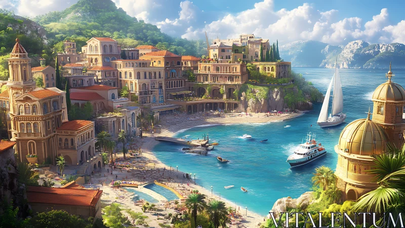 Sunlit Mediterranean harbor resort with terraced villas