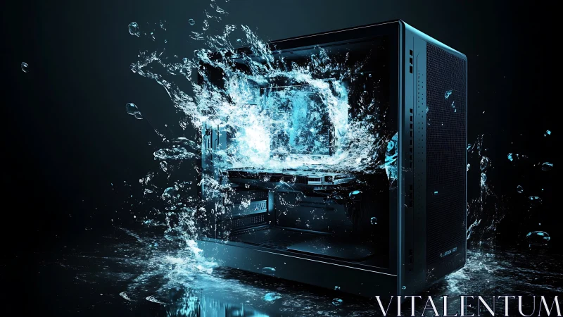 Computer tower is intersected by dynamic water splash