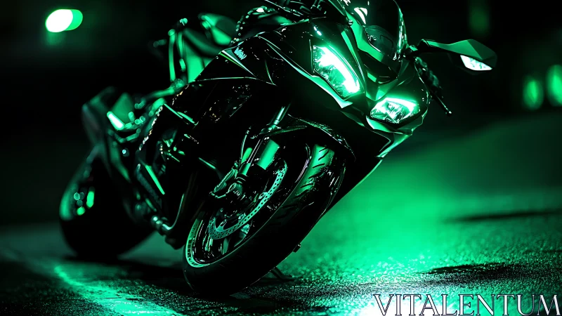 Sport motorcycle glows neon green on slick midnight street