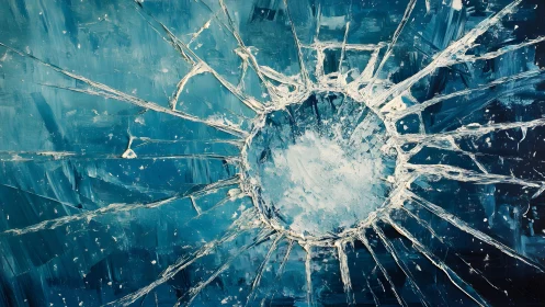 Abstract shattered glass painting with blue tones and dynamic energy.