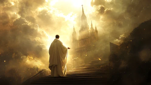 Figure in white robe ascending stairs toward glowing temple.