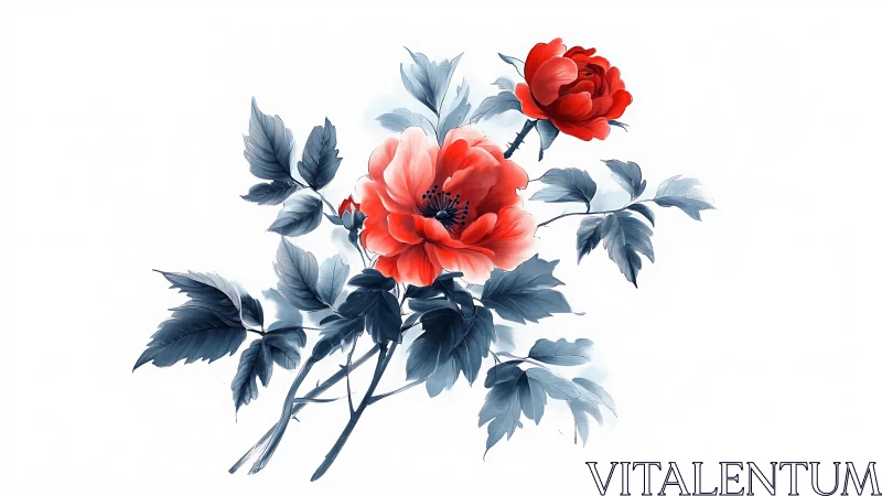 Red Peonies with Blue Foliage Rendered in Contemporary Digital Botanical Illustration.