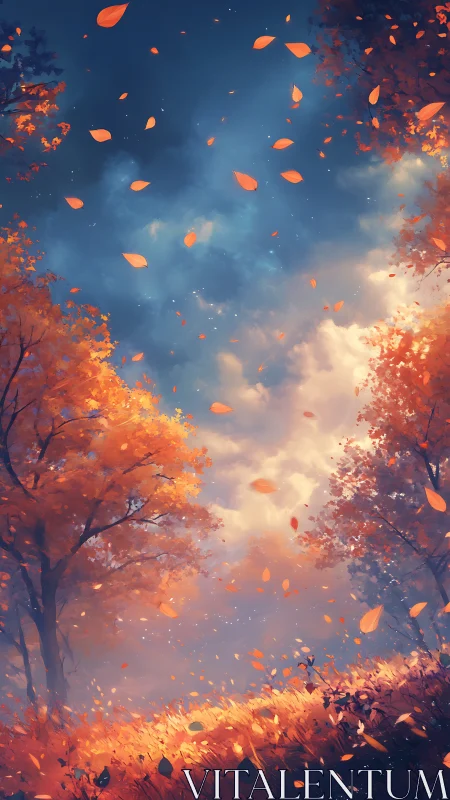 Autumn forest clearing with falling orange leaves at dusk.