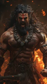 Fierce warrior roars in a storm of flames and flying embers