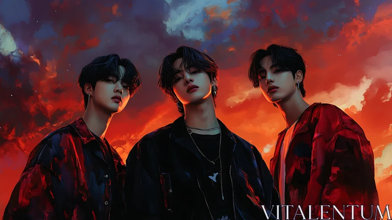 Three male figures under vivid red and blue clouded sky.