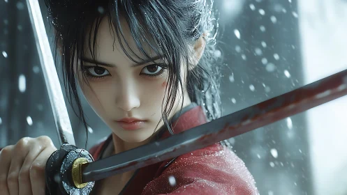 Focused female samurai with drawn katana in snowfall.