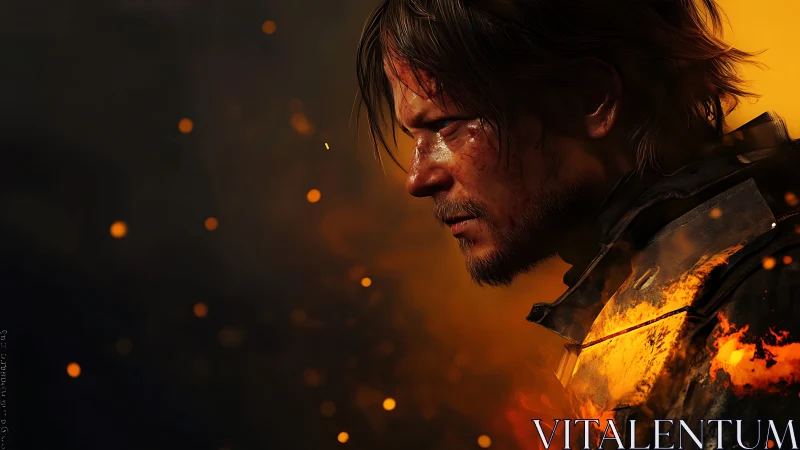 Battle worn hero pauses in glowing storm of flying embers