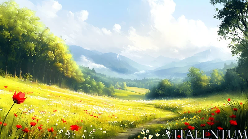 Sunlit alpine meadow with distant misty mountains panorama.