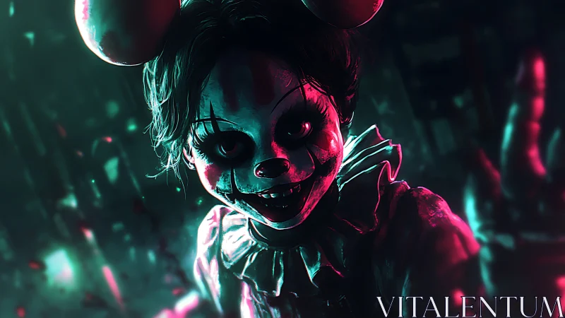 Neon-lit sinister clown child in rodent mask, low-key lighting