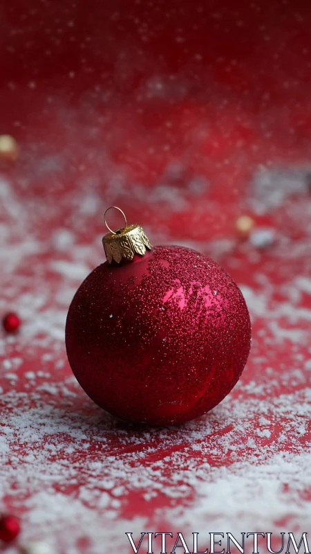 Red glitter Christmas ornament rests on snowy red surface