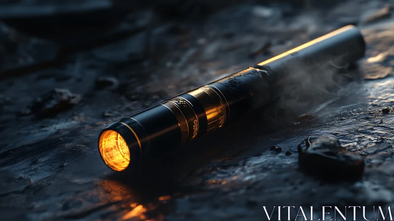 Burning metal flashlight glows on wet ground at dusk.