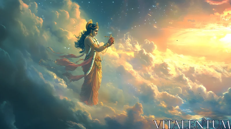Celestial musician adrift in sunrise clouds of mythic gold.