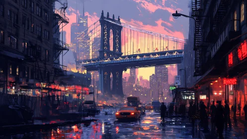 Neon city bridge glows over rain soaked evening street