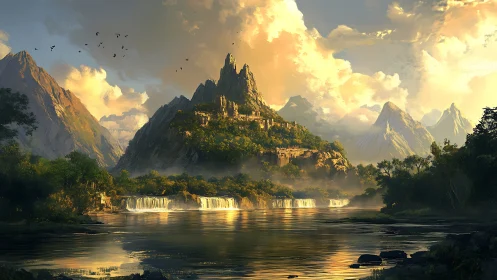 Mountainous fortress landscape rendered with volumetric atmospheric lighting and golden hour illumin
