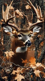 Whitetail buck with large antlers in autumn woodland scene.