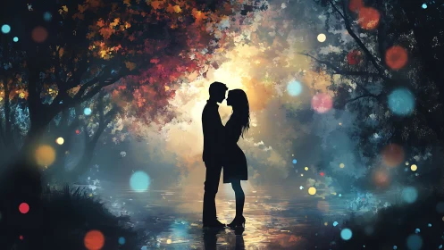 Two Hearts Share a Magical Moment Under Glowing Autumn Trees