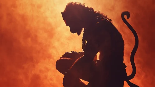 Fiery monkey warrior silhouette rests in quiet, mindful power