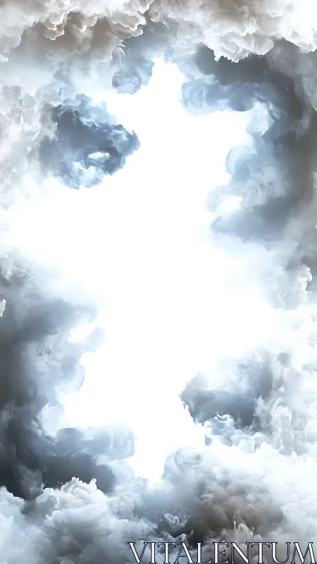 Vertical abstract cloud tunnel with central white void.