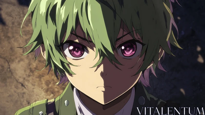 Intense anime hero stares forward in dramatic shadowed light.