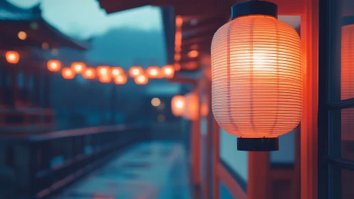 Warm lantern bokeh renders nocturnal Japanese walkway ambience