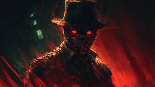 Infernal cyber-specter in hat with molten skeletal chassis.