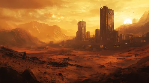 Sunburnt Martian metropolis breathing in molten twilight.