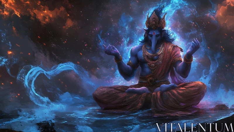 Blue humanoid deity figure in meditative seated pose.