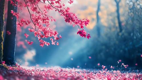 Autumn maple canopy frames luminous bokeh forest corridor