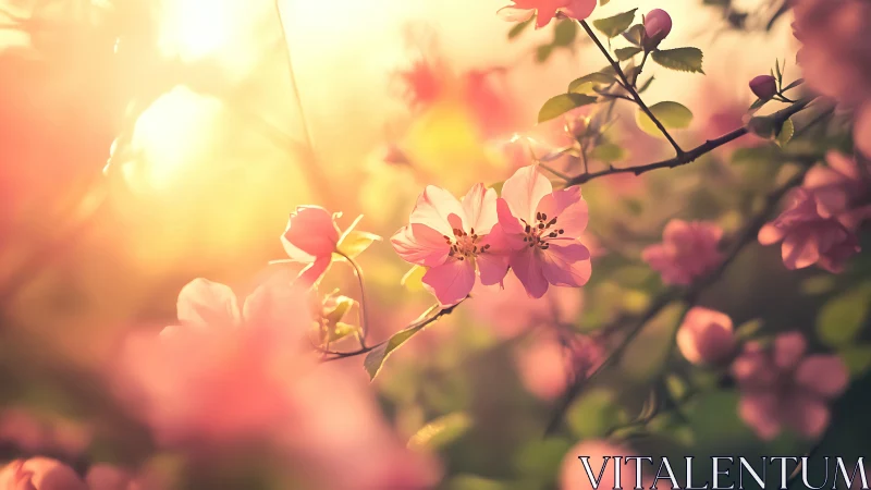 Pink blossoms on backlit branches in warm spring light.