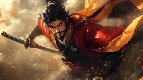 Samurai warrior with drawn katana in swirling dust cloud.