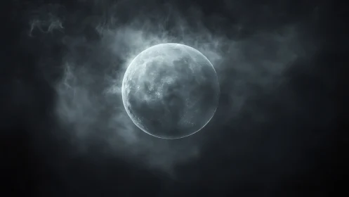 Full moon rendered against dark clouds in central frame