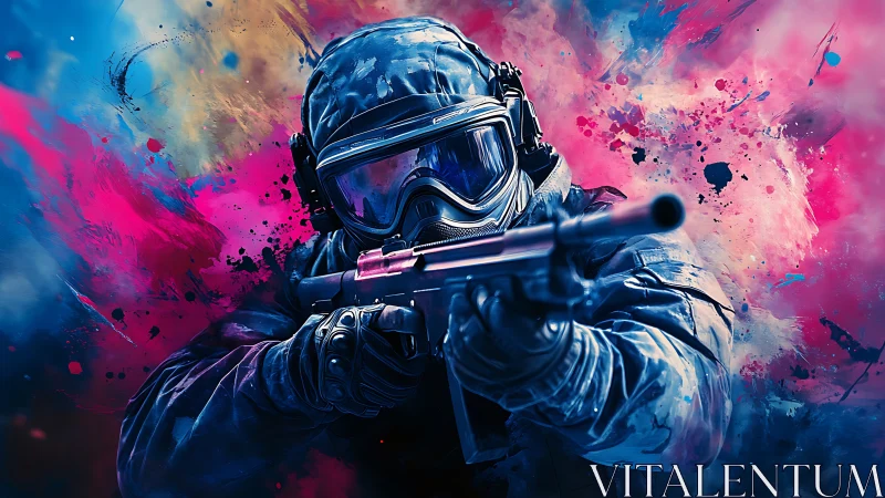 Tactical marksman in chromatic shockwave aerosol field.