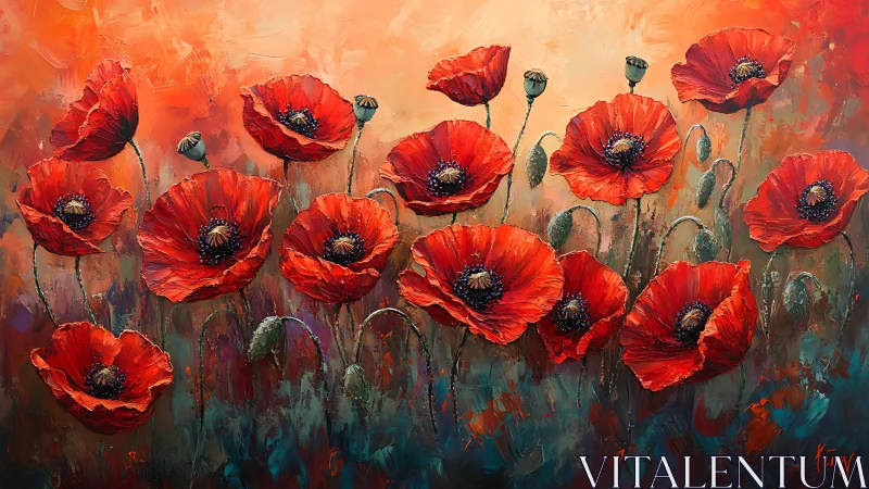 Crimson poppies sway in molten sunset brushstrokes of flame.