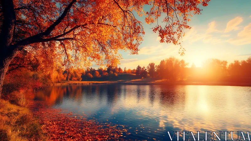 Amberleaf sunset over hushwater lake in glowing autumn hush.