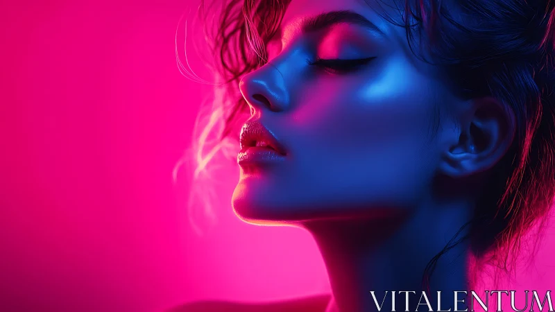 Neon-lit female profile in saturated magenta and cyan glow.