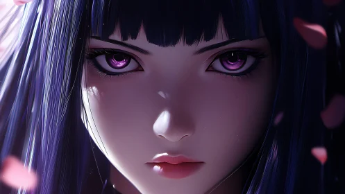 Focused anime girl portrait with intense violet eyes.