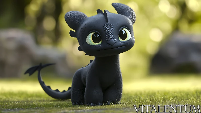 Small black cartoon dragon standing on grassy ground outdoors.