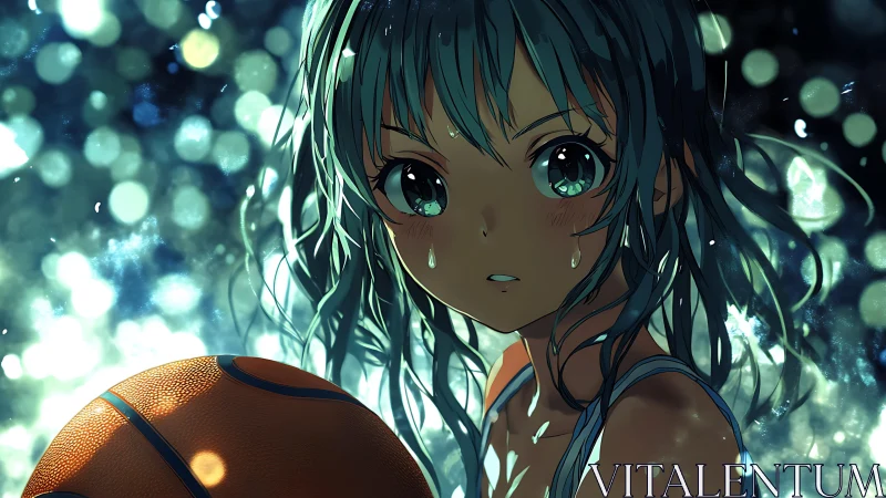 Tearful anime girl grips basketball under glowing bokeh lights
