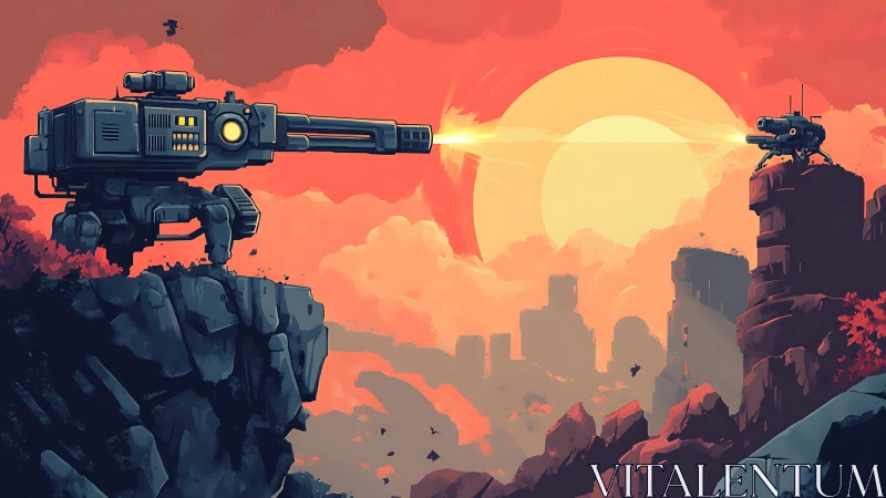 Digital painting of cliffside mechs in solar crossfire composition.