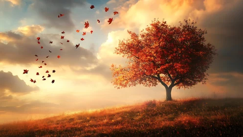 Solitary autumn tree on glowing hillside at sunset.